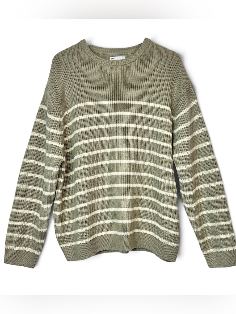 ASOS Men’s Oversized Crew Neck Knit Sweater Green & Ecru Stripes Size Large